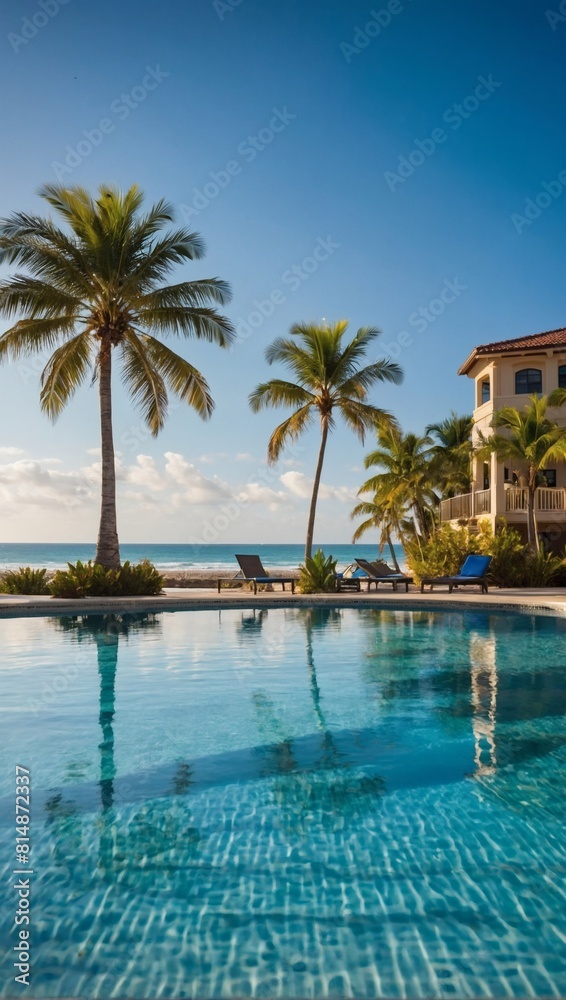 Beachside Bliss, Luxurious Pool and Palm Trees against Azure Sky.