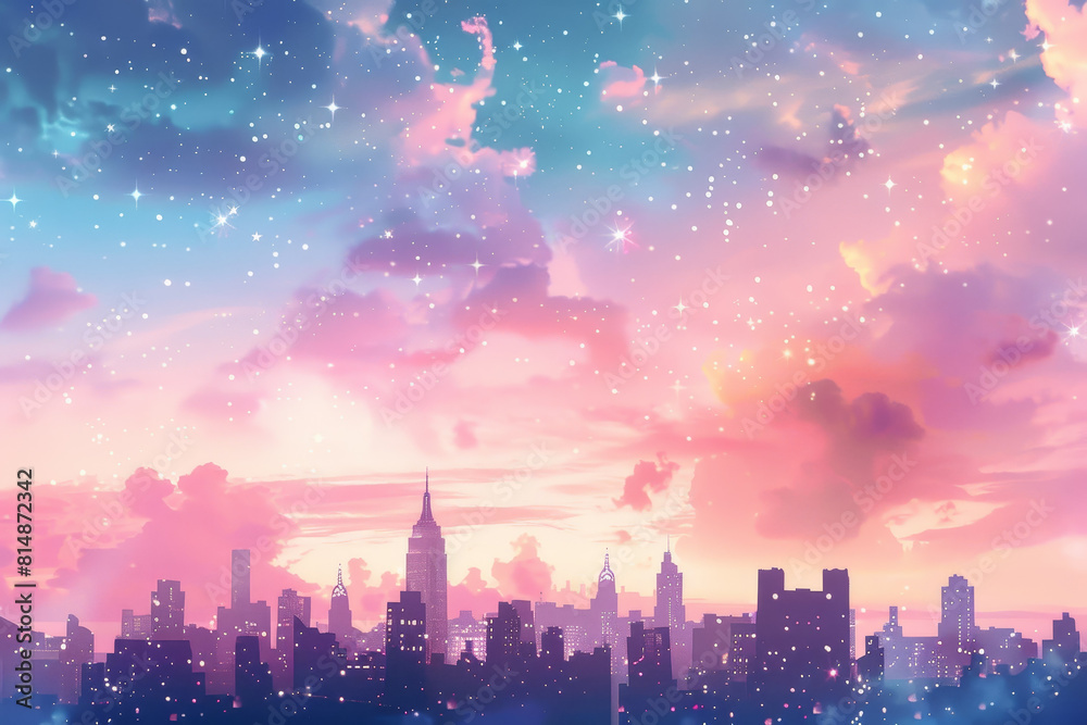 A city skyline with a pink and purple sky and a lot of stars
