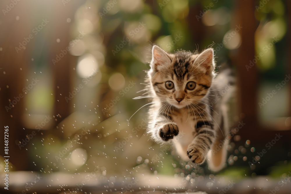 A kitten is jumping through the air