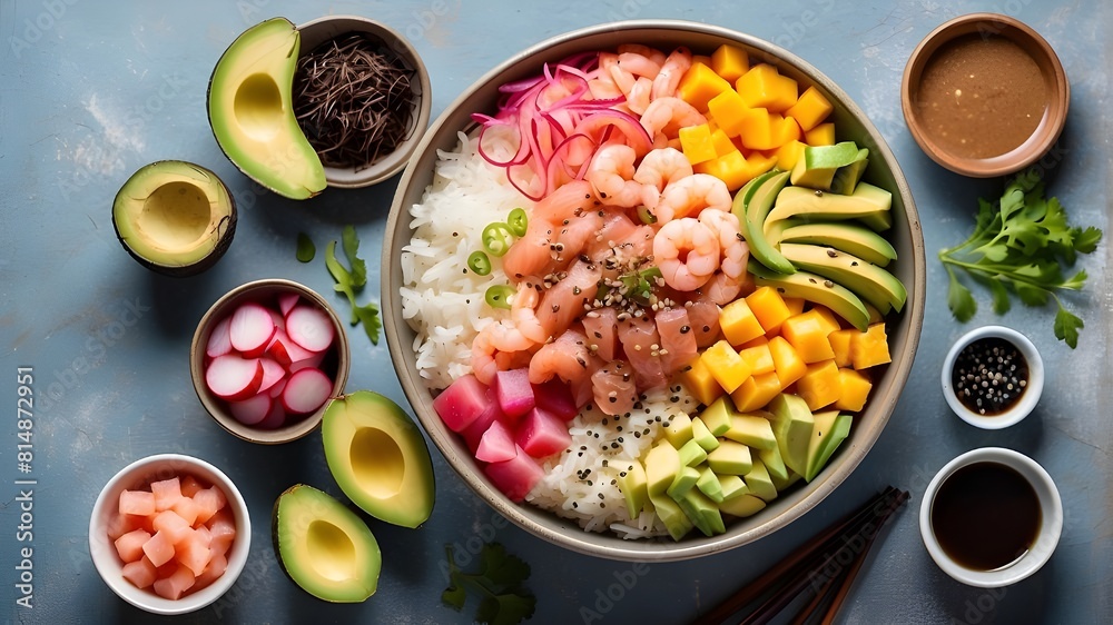 Hawaiian poke bowl set includes tuna, salmon, and shrimp, as well as avocado, mango, radish, rice, and other items. Soy sauce and sesame dressing. Top view on a translucent background.