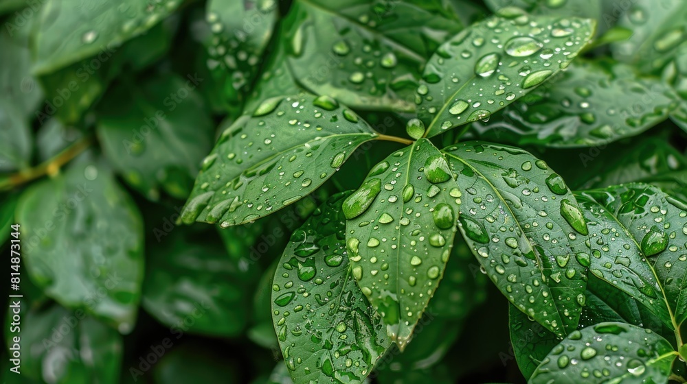 Close-up of water droplets on green leaves in nature Close-up of water droplets on green leaves in nature