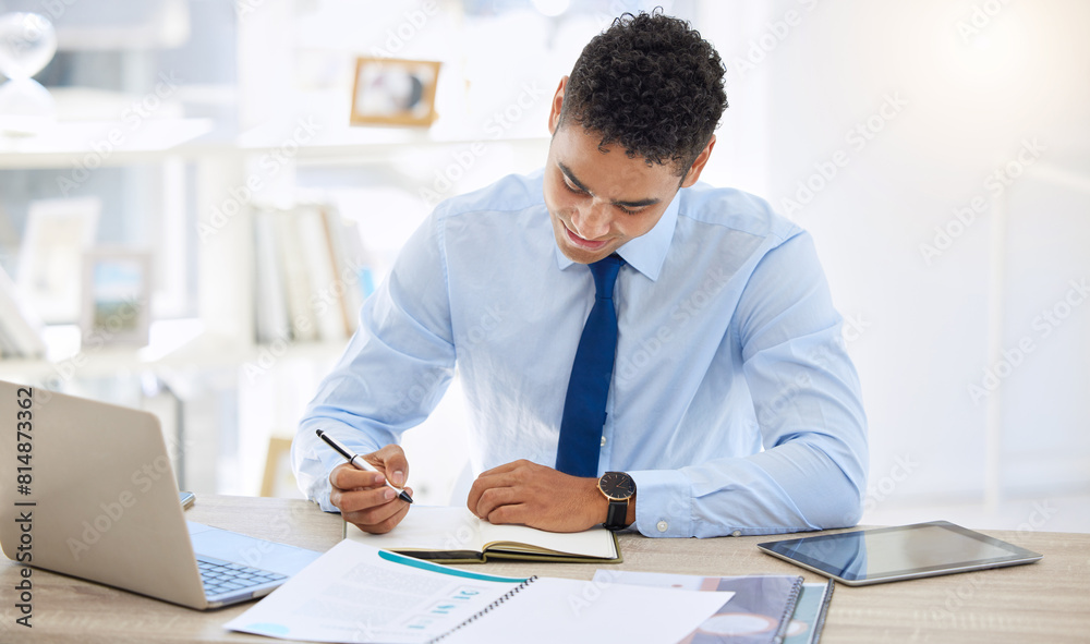 Fototapeta premium Businessman, notebook and writing with smile, happiness and confidence for goals. Lawyer, professional attorney and expert law firm for legal consultation, case research and corporate startup