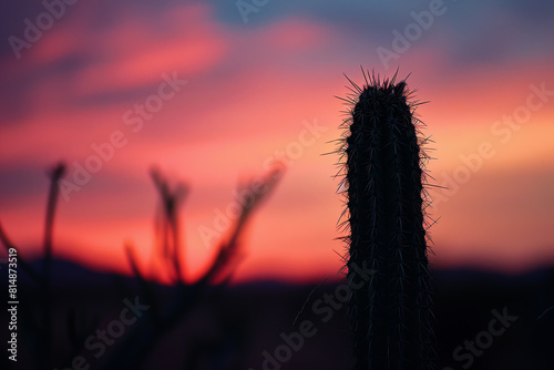 A cactus is standing in a field with a beautiful sunset in the background
