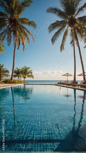 Beachside Bliss  Luxurious Pool and Palm Trees against Azure Sky.