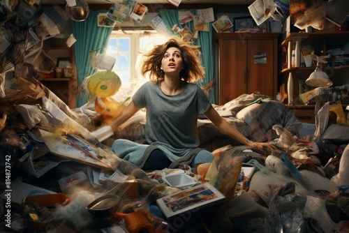 Young female sitting amidst a chaotic pile of clutter, expressing stress and disbelief