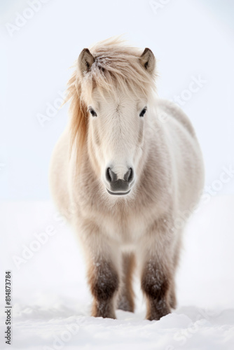 white horse in snow, Icelandic horse on white background