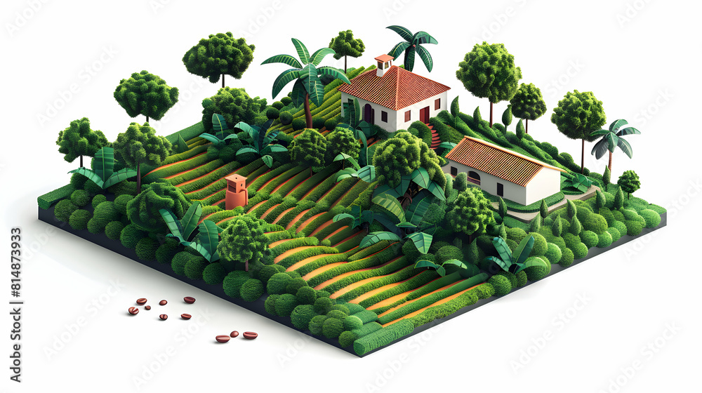 Colombian Coffee Culture: Flat Design Icons of Coffee Plantation Scenes in Isometric Tiles