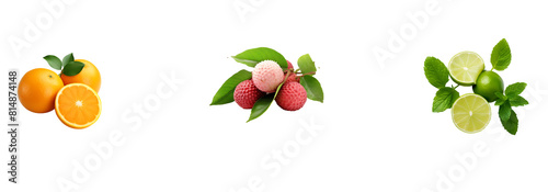 Lemon,orange ,litchi with green leafs isolated on a transparent background,Png 