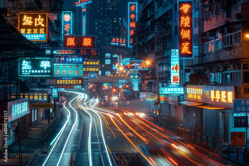 A busy city street with neon signs and lights