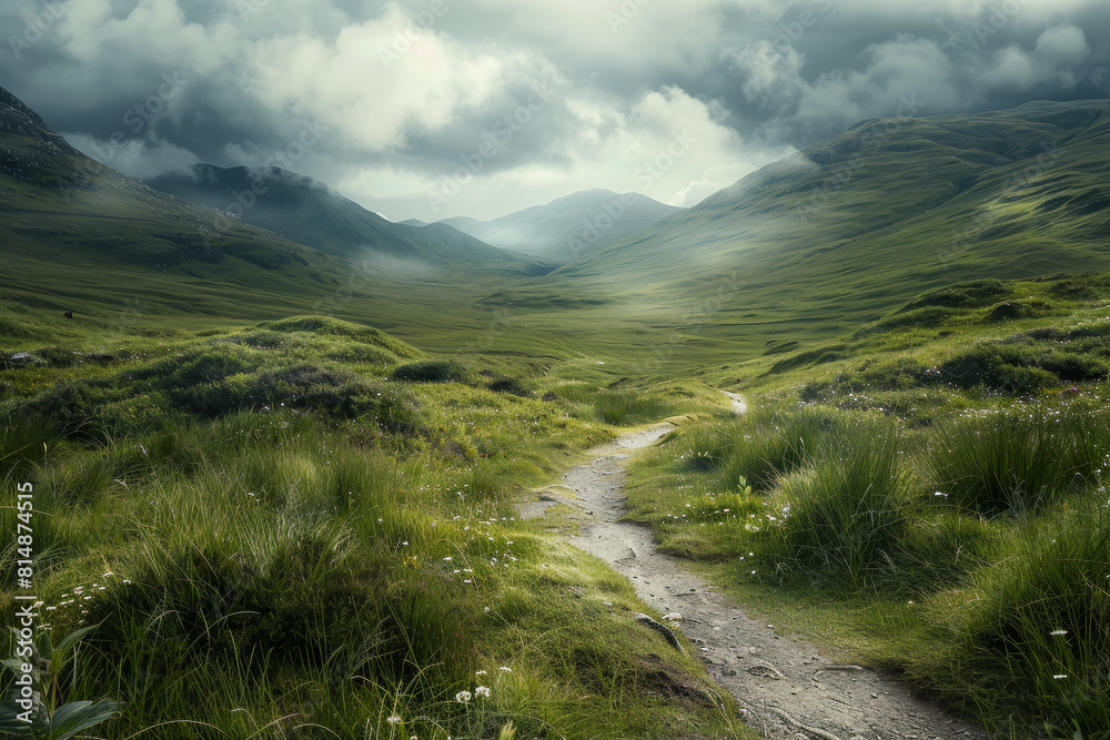 Fototapeta premium A path winds through a lush green field with a cloudy sky overhead