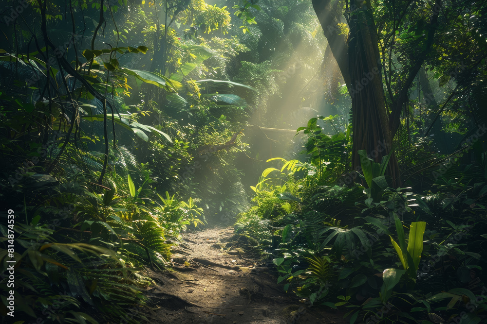 Fototapeta premium A forest path with sunlight shining through the trees