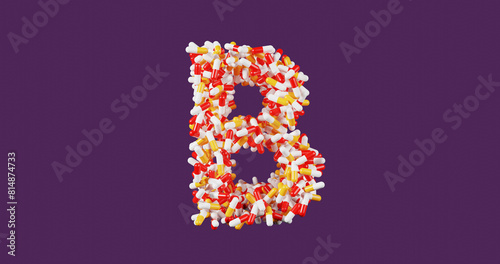 Vitamin B, pills in a red yellow and white shell in the shape of the letter B isolated on a colored purple background, 3d rendering