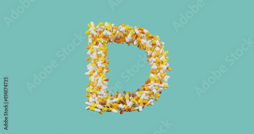 Vitamin D, pills in a yellow and white shell in the shape of the letter D isolated on a colored blue background, 3d rendering