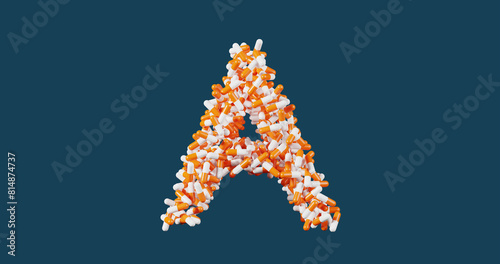 Vitamin A, pills in a orange and white shell in the shape of the letter A isolated on a blue background, 3d rendering