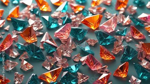 pin made of sparkling diamond glass fragments in deep turquoise, orange and pink shades. Shiny, elegant. light background