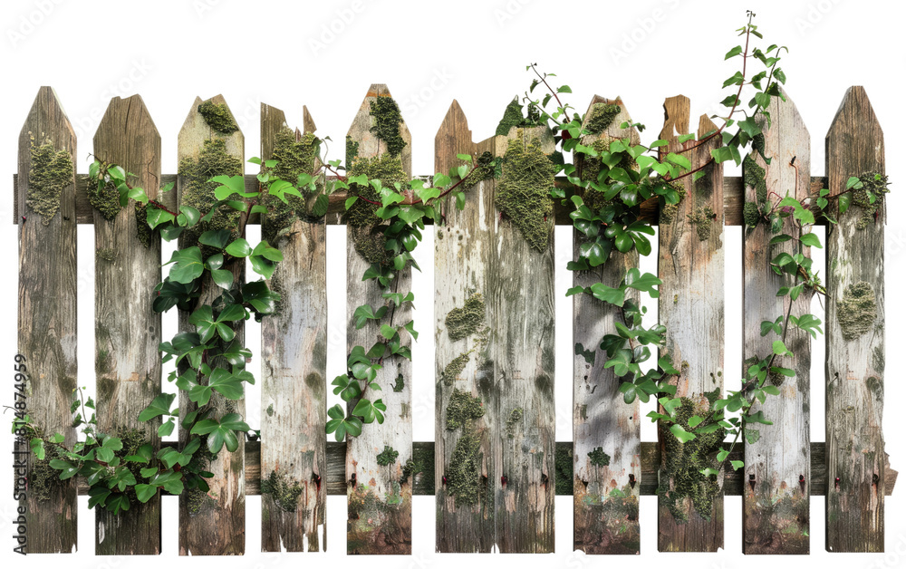 Aged Wooden Picket Fence with Foliage, Isolated White Background, Aged Wooden Fence Covered in Foliage