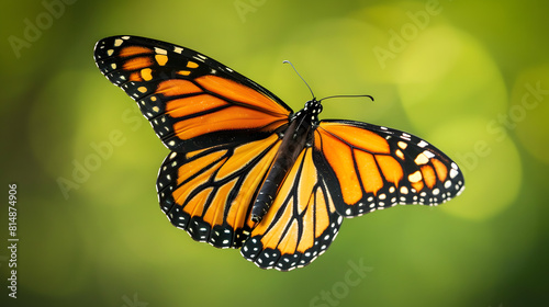a beautiful Monarch butterfly in flight. The butterfly's vibrant orange and black wings are clearly visible, with the distinctive white spots along the edges adding to its striking appearance.