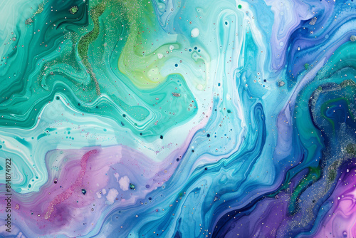 A painting of a blue and green swirl with glittery specks