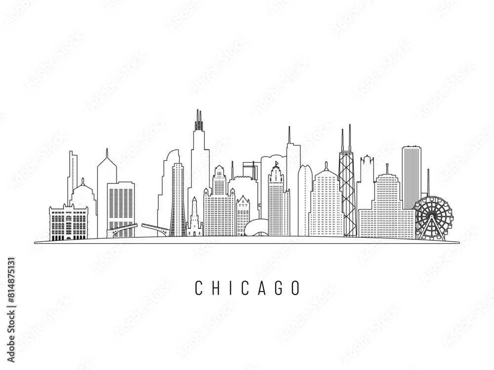 Fototapeta premium Detailed Chicago skyline vector illustration. Chicago IL buildings in line art style, perfect for modern designs.