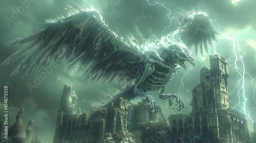 A skeletal griffin flies over a ruined city