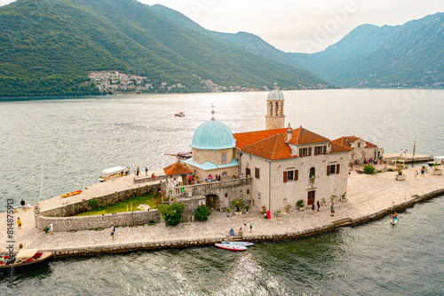 Aerial view of Our Lady of the Rocks island, Perast, Montenegro.