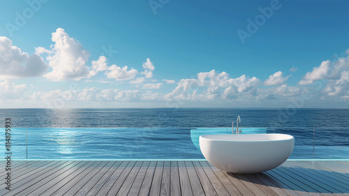 a white bathtub on the deck with a blue sea and sky background