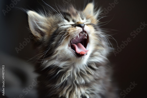 A kitten with its mouth open and teeth showing