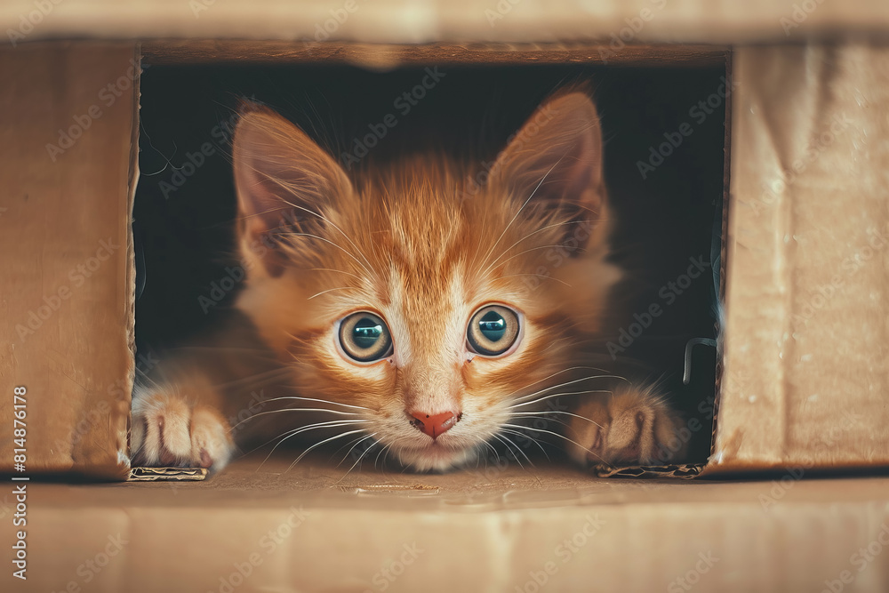 Naklejka premium A kitten is peeking out from behind a cardboard box