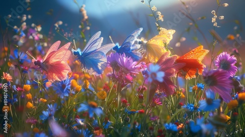 A fantastical scene unfolds as colorful fairies dance amidst a field of vibrant wildflowers  their graceful movements bringing a touch of magic to the natural world.