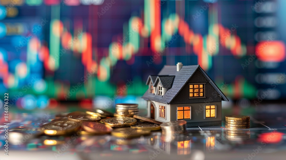 A miniature house model with coins and stock market charts in the background A miniature house model with coins and stock market charts in the background