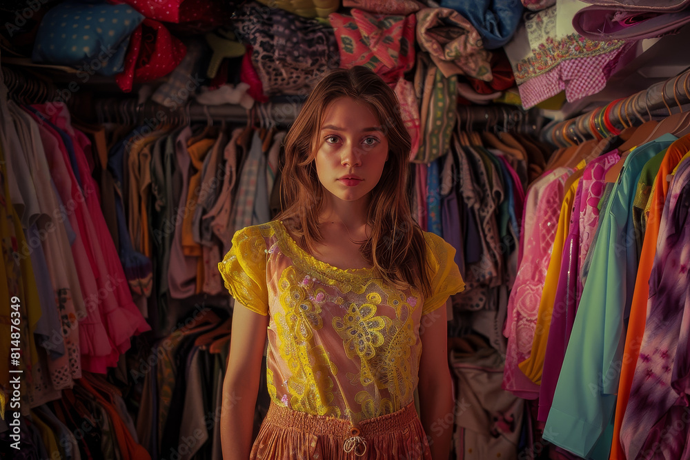 A girl is standing in a closet with many clothes hanging on the racks
