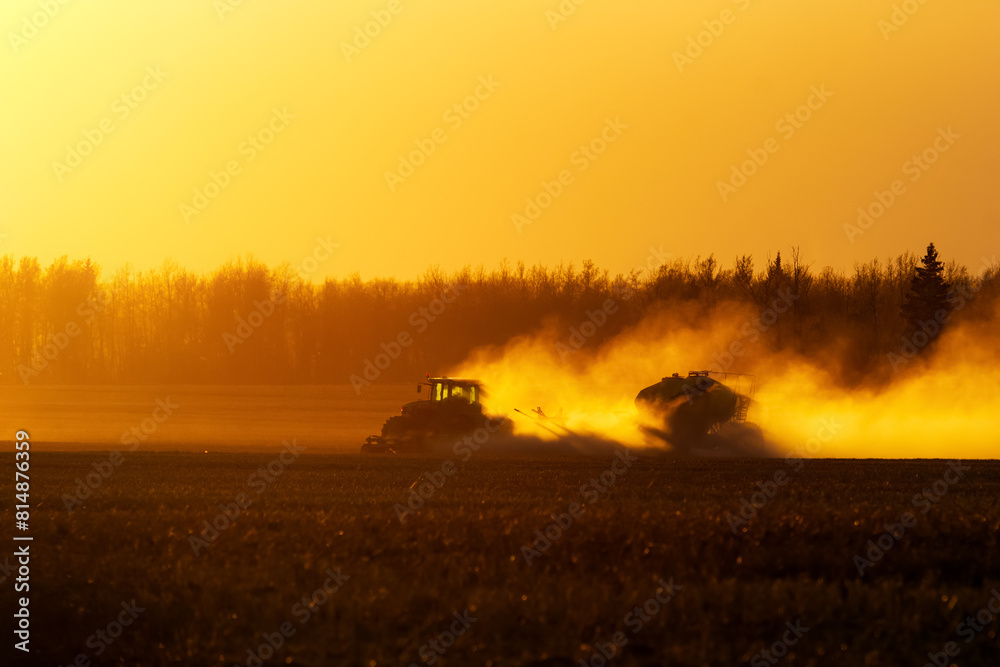Fototapeta premium Tractor with a seeder is working in the dust in golden sunset light.