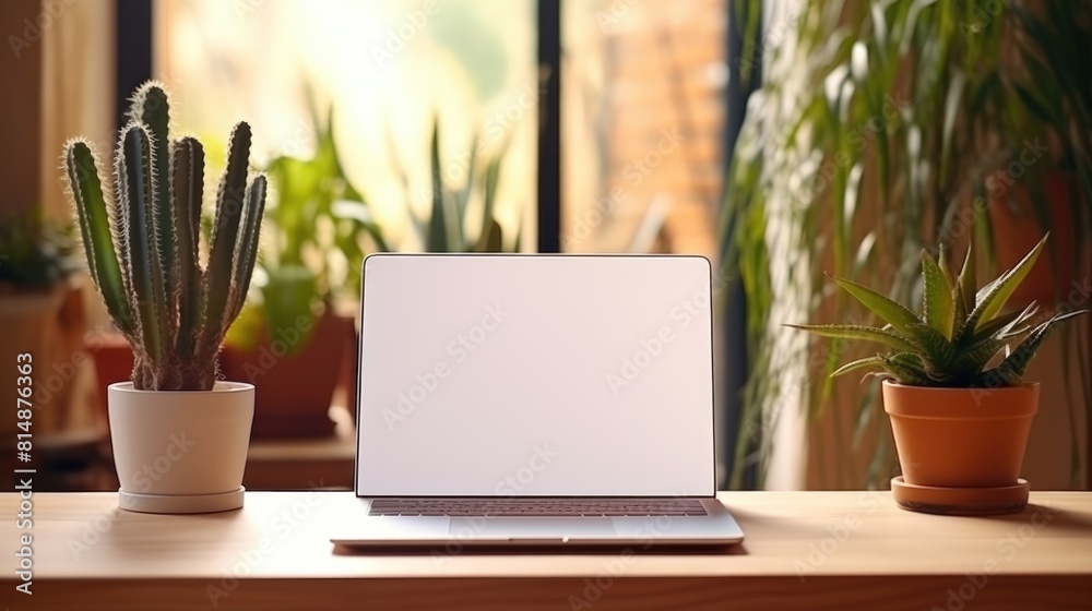 Laptop with blank screen on wooden table with green plant in pot. Mock up Laptop with blank screen on wooden table with green plant in pot. Mock up