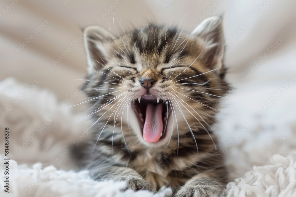 A kitten is sleeping on a blanket with its mouth open