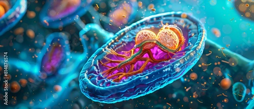 Cross-sectional illustration of a mitochondria,It has an internal structure that folds back and forth,biology, 3D background colorful eukaryote ,plant and animals cell create energy ATP, cell biology © Sittipol 