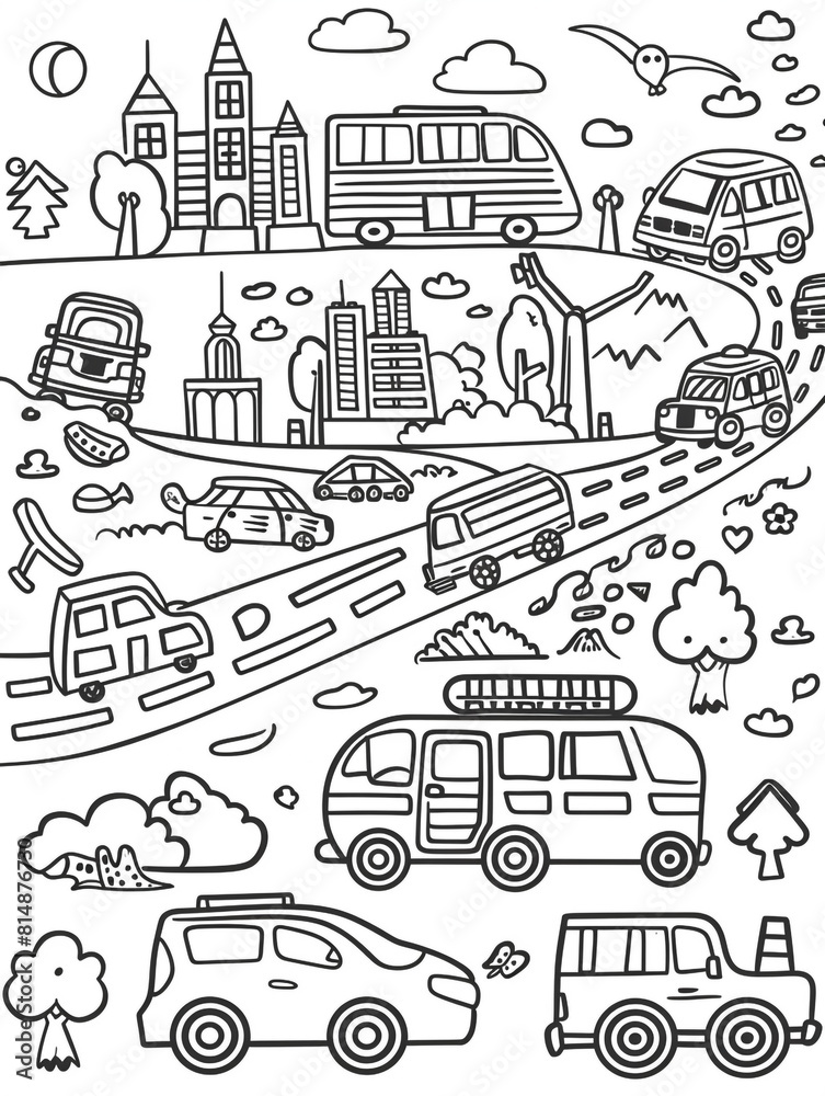 Naklejka premium A black and white drawing of a busy street with many different types of vehicles, including cars. 