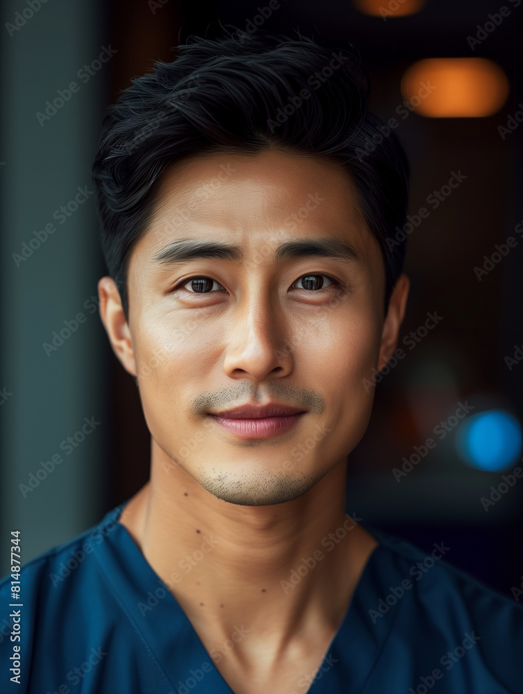 A skilled young Asian male doctor confidently stands in dark blue scrubs with a focused expression in this chic hospital setting portrait. A skilled young Asian male doctor confidently stands in dark blue scrubs with a focused expression in this chic hospital setting portrait.