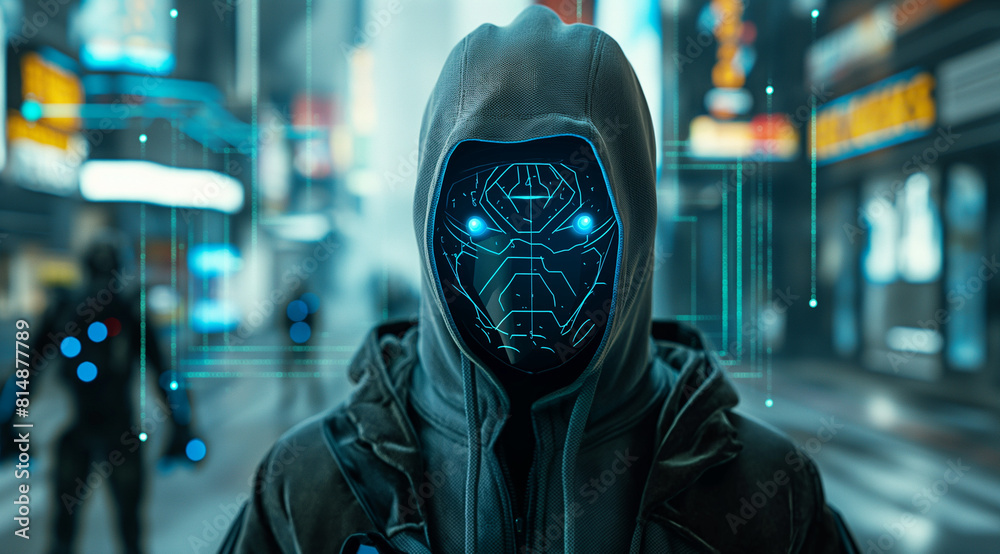  Cyberpunk Robot in Hoodie and Mask in Sci-Fi Movie Style