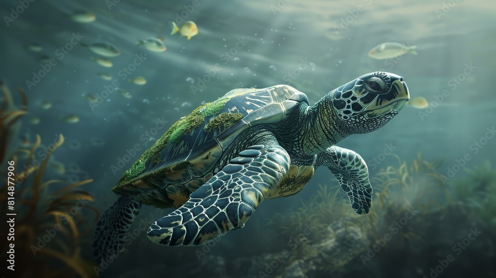 Fototapeta premium A turtle swimming in the ocean with fish swimming around it