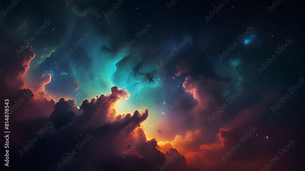 Abstract vibrant hues of purple, pink and blue nebula with glowing stars, cosmic dust clouds against dark space. Deep space science fiction background. Generative AI. Abstract vibrant hues of purple, pink and blue nebula with glowing stars, cosmic dust clouds against dark space. Deep space science fiction background. Generative AI.