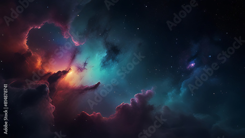 Abstract vibrant hues of purple  pink and blue nebula with glowing stars  cosmic dust clouds against dark space. Deep space science fiction background. Generative AI.