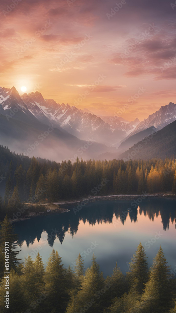 Obraz premium A landscape photo capturing the beauty of nature with the forest, mountains, or a breathtaking sunset, Landscape wallpaper