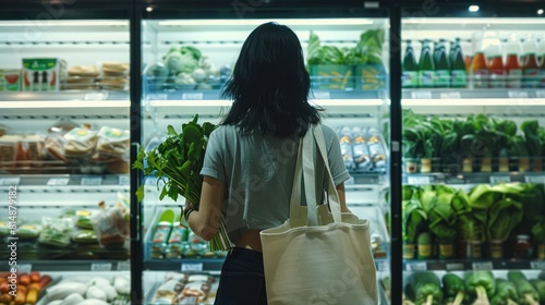 A woman standing in front of the fridge, she has green vegetables with reusable white tote bag buying groceries in a supermarket.