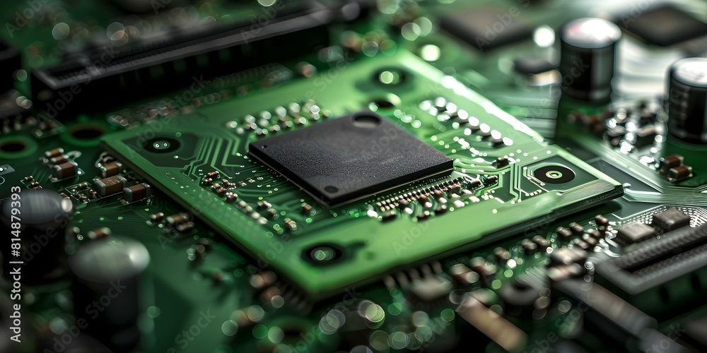 Detailed View of Complex Green GPU Chip Circuitry Demonstrating Advanced Gaming Computing Technology. Concept Chip Circuitry, Advanced Technology, Gaming Computing, Detailed View, Green GPU Detailed View of Complex Green GPU Chip Circuitry Demonstrating Advanced Gaming Computing Technology. Concept Chip Circuitry, Advanced Technology, Gaming Computing, Detailed View, Green GPU