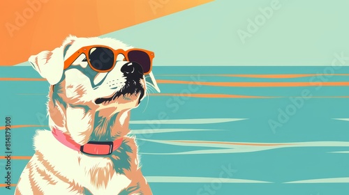 Dog in sunglasses chilling on sea summer illustration flat design top view beach party theme cartoon drawing Complementary Color Scheme © Wimon