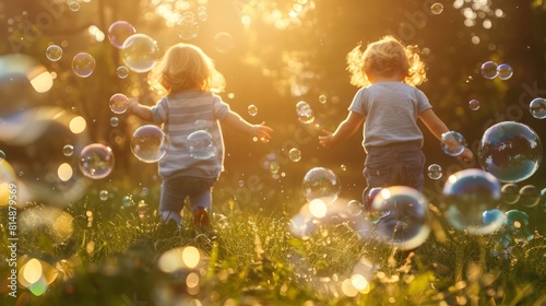 Two siblings playfully chase bubbles in a sun-dappled garden, their laughter echoing the carefree joy of childhood. photo