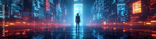 Silhouetted Augmented Human Amid Futuristic City Landscape
