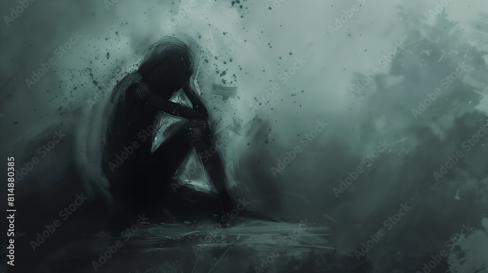 Fototapeta premium Depressed person silhouette in abstract dark drawing generative AI