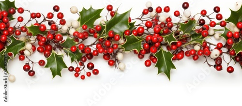 White background with a Christmas ornament border featuring holly berries and copy space image