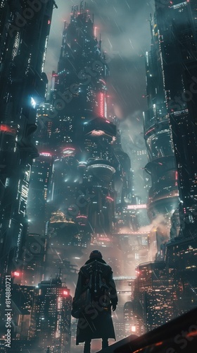 Visually Stunning Futuristic Cityscape with Exoskeleton Clad Figure in a Dystopian Inspired Scene
